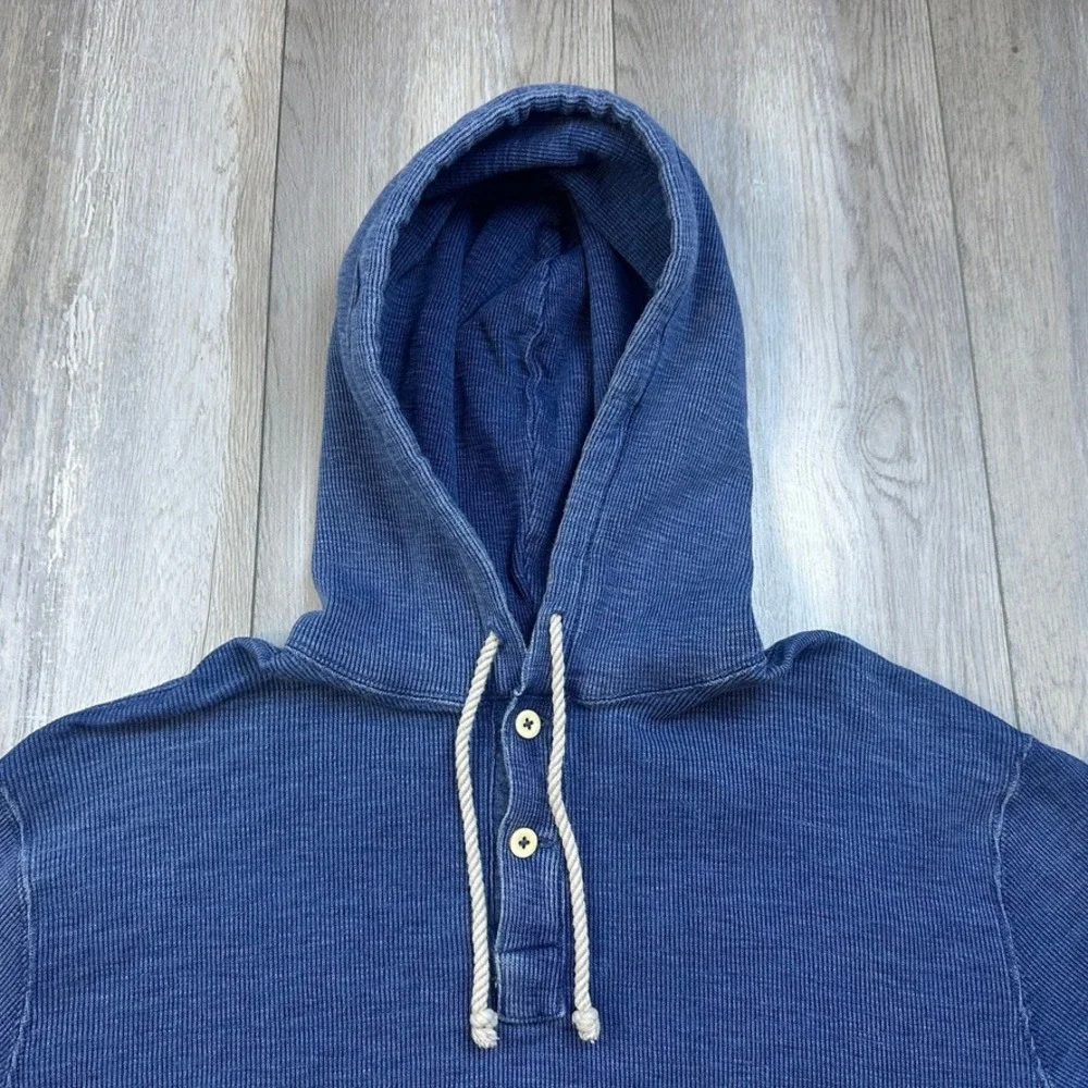 Polo Ralph Lauren Mens Blue Waffle Knit Henley Hoodie Vintage Thermal Large